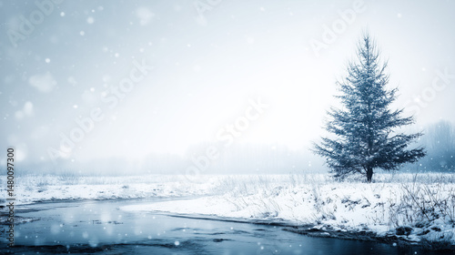Obraz na płótnie Lone Evergreen Tree in Snowy Winter Landscape by a River w salonie