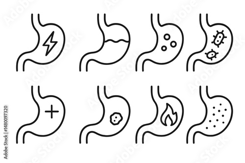 Illustration of different stomach conditions and symptoms affecting digestion and gastrointestinal health