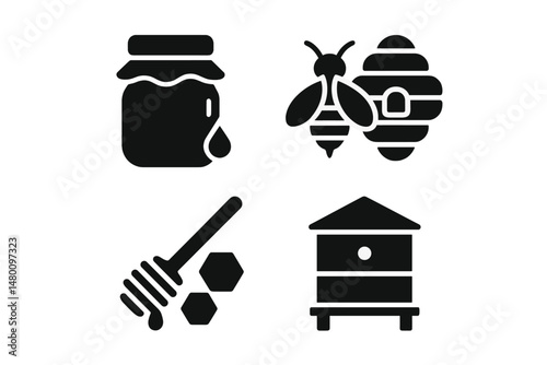 Honey production process showcases jar, bee, honeycomb, and hive in a simple yet informative design element for eco-friendly branding