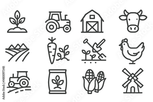 Farming and agriculture symbols showcasing various activities in a rural setting with crops and animals