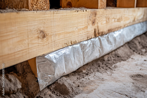 Wood beam and vapor barrier during home construction