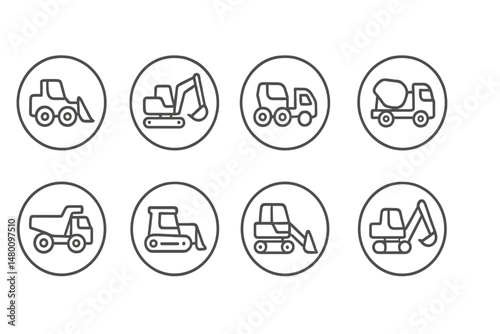 Construction machinery icons illustrating various equipment types used in building and excavation work