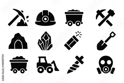 Mining tools and symbols displayed on a black and white grid featuring various mining activity icons