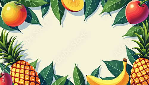 Tropical fruits and leaves create a border, with copy space