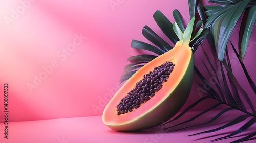 Half a papaya rests on a pink surface, beside tropical leaves, illuminated by a soft light