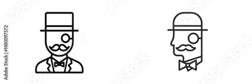 Stylized illustrations of gentleman figures in formal attire with top hats and unique facial features