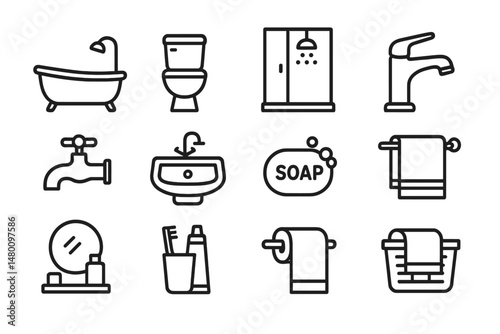 Bathroom essentials including bathtub, shower, and faucet icons in a modern design, perfect for home renovation projects