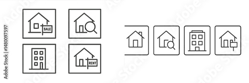 Real estate icons representing sale and rent options for houses and apartments in a minimalistic design