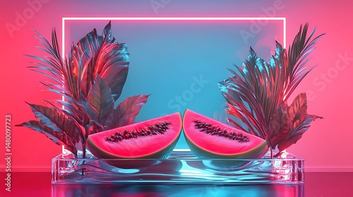 Two watermelon slices in a glass container, flanked by tropical leaves under neon light