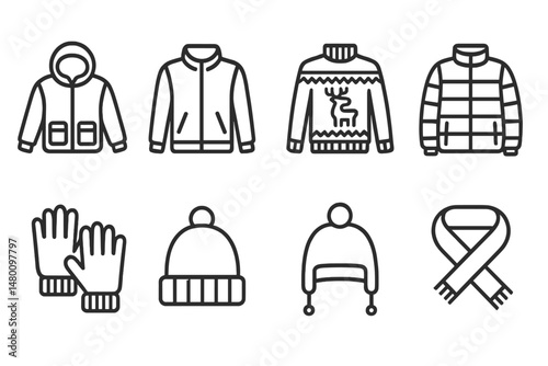 Warm winter clothing options including jackets, sweaters, gloves, and accessories for chilly weather