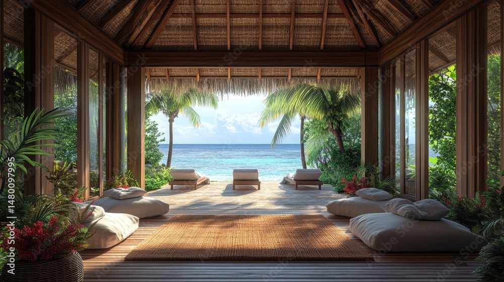 Fototapeta premium Tranquil beachfront villa with tropical decor, sandy view, and inviting relaxation spaces for peaceful escape