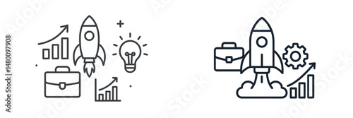Creative design featuring rockets and business symbols representing innovation and growth in a startup environment