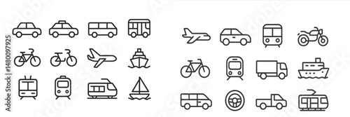 Various modes of transportation illustrated with simple line icons showcasing cars, bicycles, planes, and boats in a minimalist style