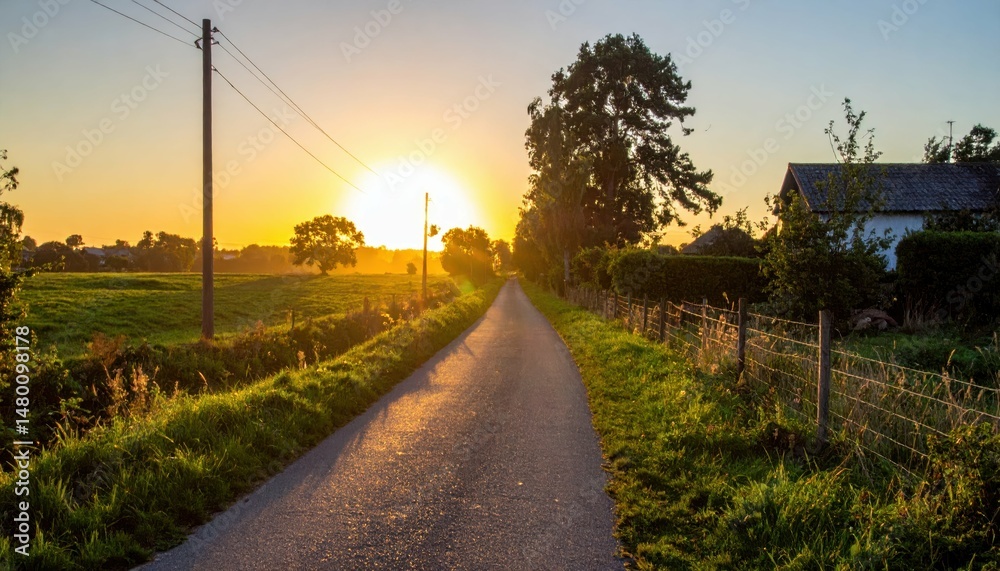 Obraz premium Serene Country Road at Sunset Surrounded by Lush Greenery