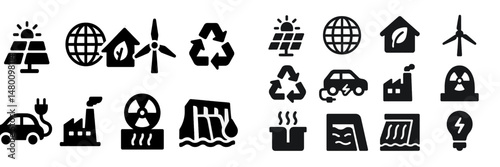 Symbols representing renewable energy, sustainable practices, and environmental awareness in a modern digital design