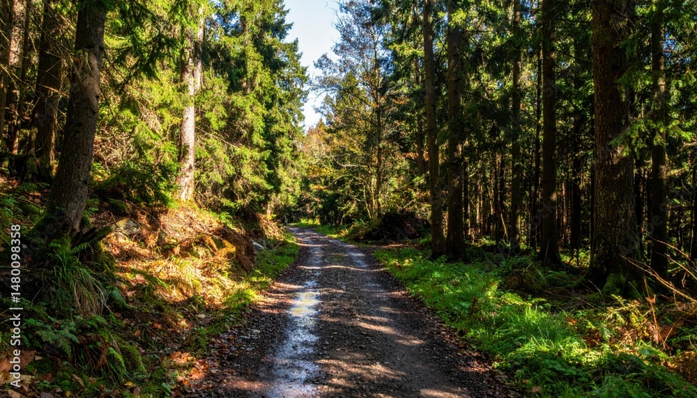 Naklejka premium Serene Forest Pathway Surrounded by Lush Green Trees and Sunlight