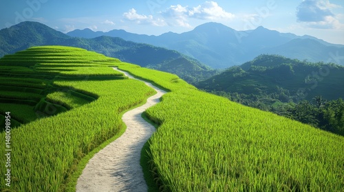 Scenic Terraced Rice Fields Against Mountains in a Bright Blue Sky with Lush Greenery and Vibrant Nature