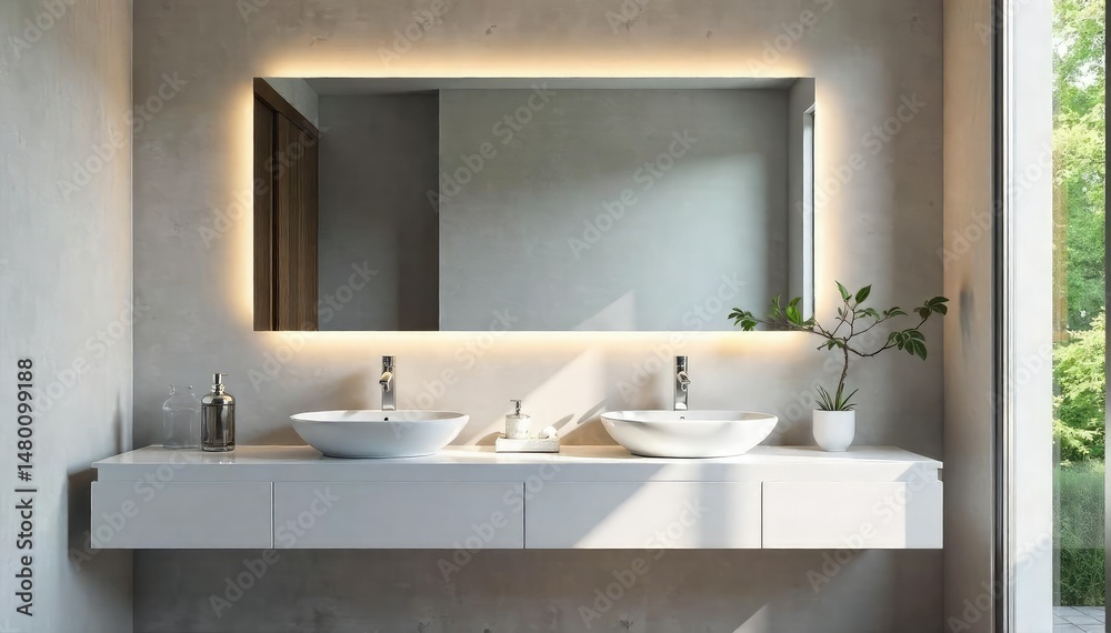 Fototapeta premium Sleek modern bathroom mirror, frameless design, clean, equipment