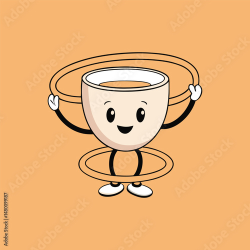 Cartoon coffee cup character hula hooping isolated on a light orange background