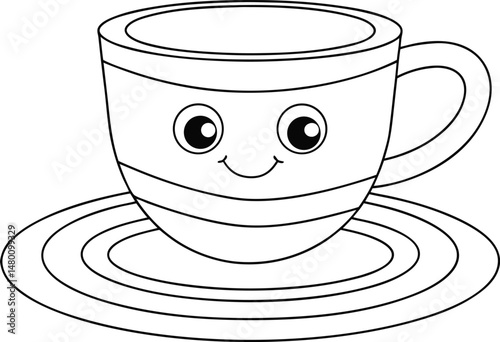 Outline drawing of a smiling coffee cup with saucer cartoon illustration