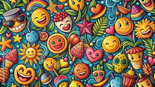 Wallpaper Mural Fun Summer Emoji Doodle Pattern Background - Bright Colorful Repeat Design Torontodigital.ca