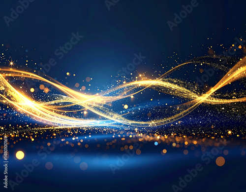 Vibrant, flowing waves of golden light and sparkling particles against a deep blue background create a mesmerizing visual effect