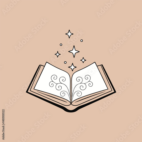 Open book with magic swirls and stars minimalist illustration