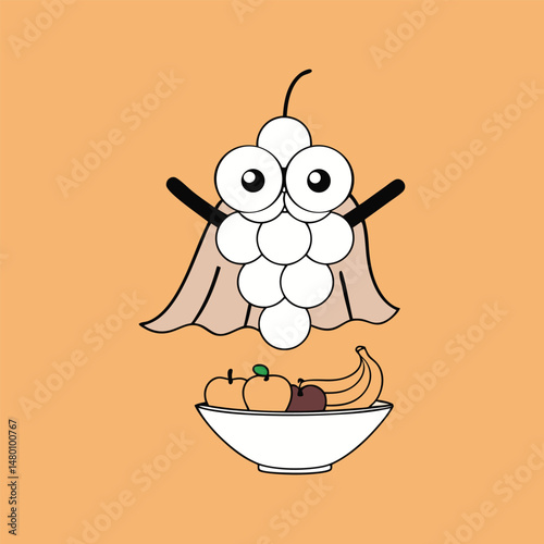 Cartoon superhero grapes with fruit bowl vector illustration on orange background