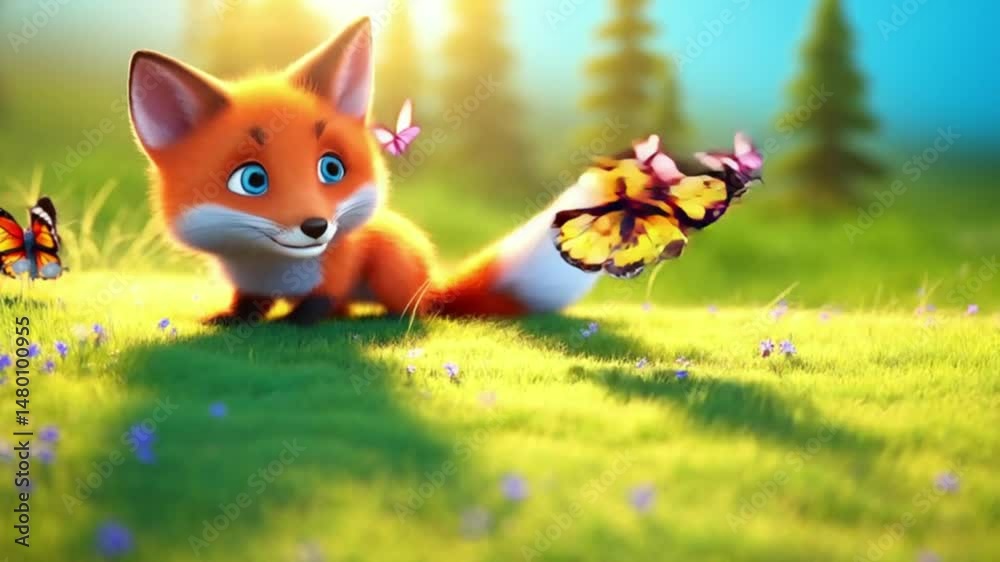 Fuchsbaby spielt mit Schmetterling (3D-Stil)
