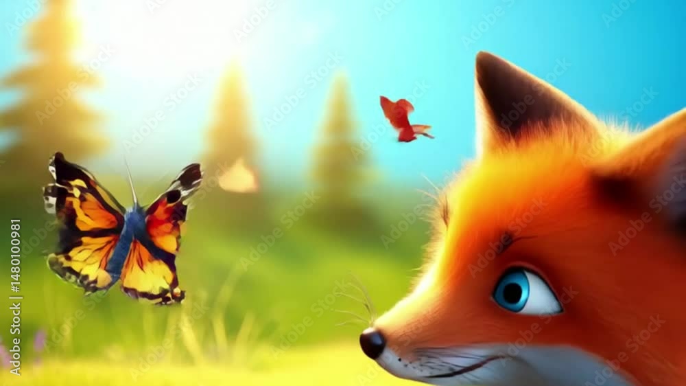 Fuchsbaby spielt mit Schmetterling (3D-Stil)