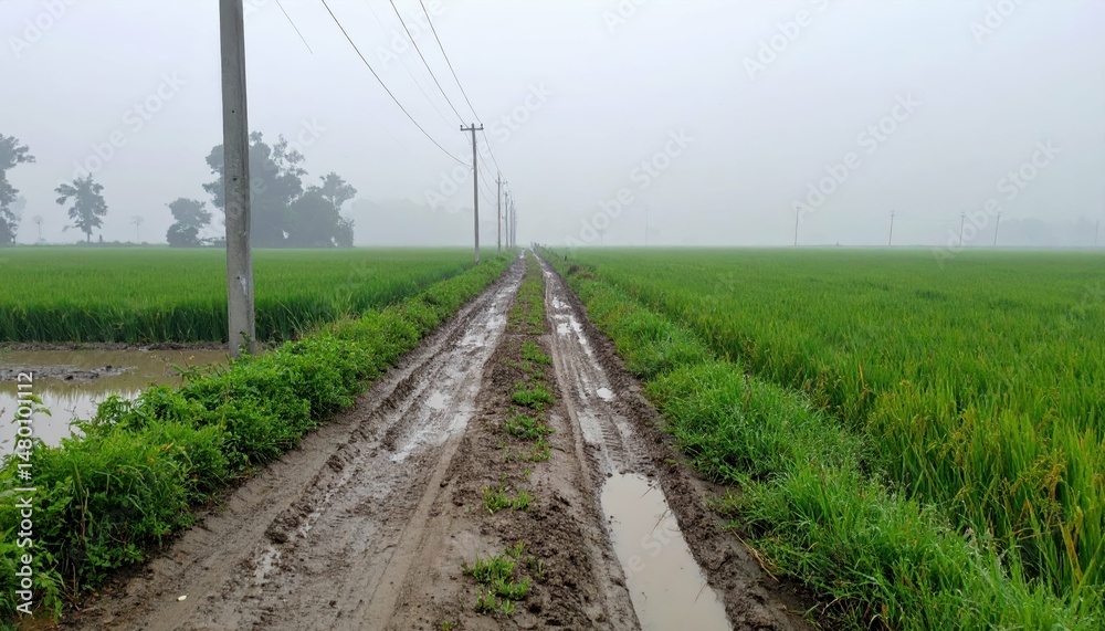 Serene Rural Path Through Lush Green Rice Fields in Fog Serene Rural Path Through Lush Green Rice Fields in Fog