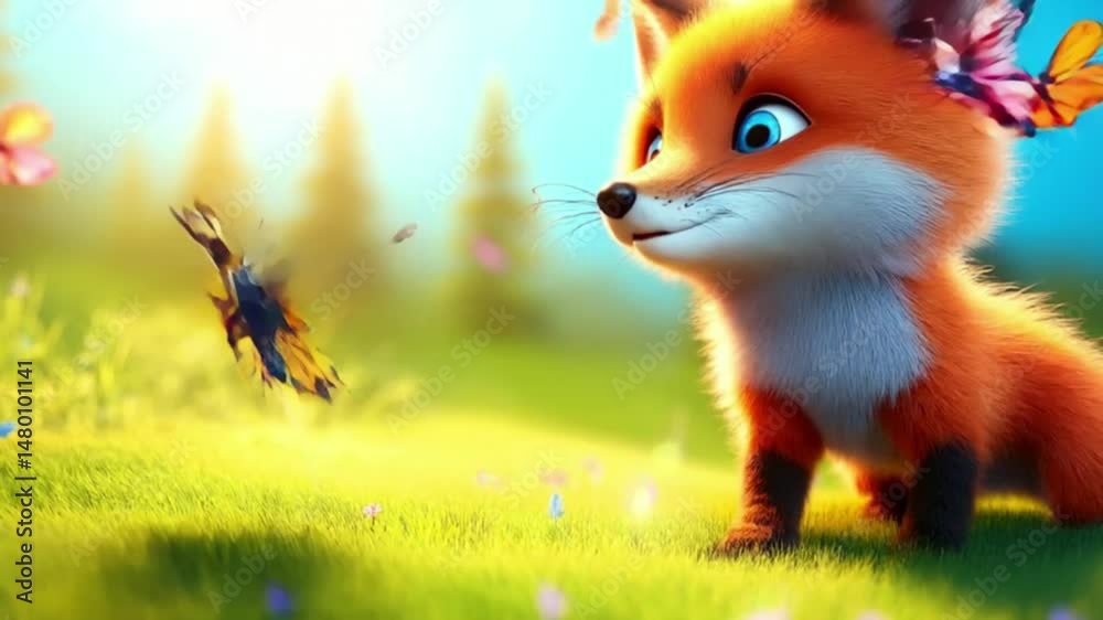 Fuchsbaby spielt mit Schmetterling (3D-Stil)