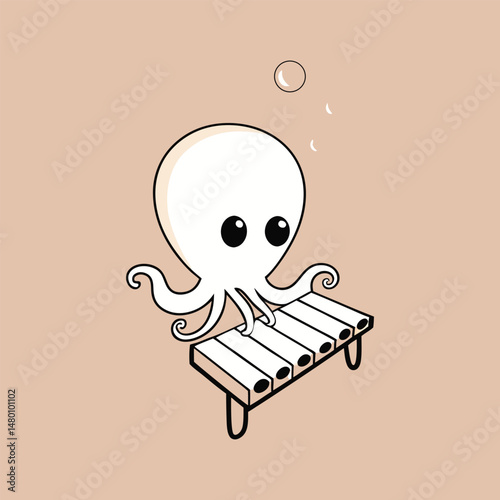 Cartoon octopus playing xylophone underwater creating bubbles in monochrome style