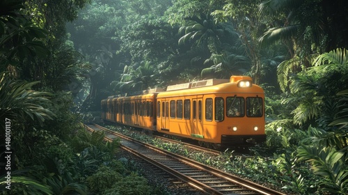 Vibrant Yellow Train Traveling Through Lush Green Jungle with Dense Foliage and Soft Sunlight Filtering Through Trees
