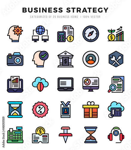 Business Strategy Lineal Color icons collection. 25 icon set. Vector illustration.