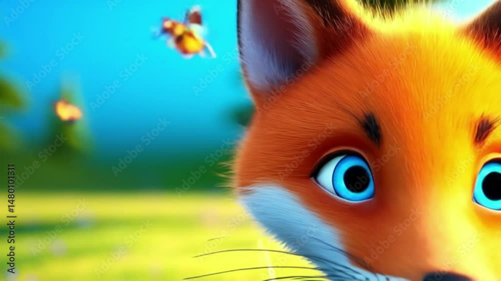 Fuchsbaby spielt mit Schmetterling (3D-Stil)