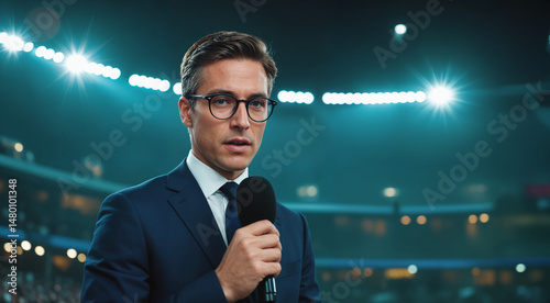 Sports Journalist With Microphone – Professional Reporter Broadcasting Live From Stadium for Sports Media Interview Coverage and Sports Journalist Day Content