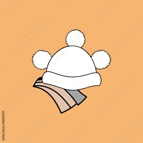 Winter accessory set white hat with pom poms and scarf illustration