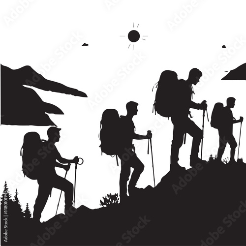 Hiking Silhouette line art vector illustration on white background