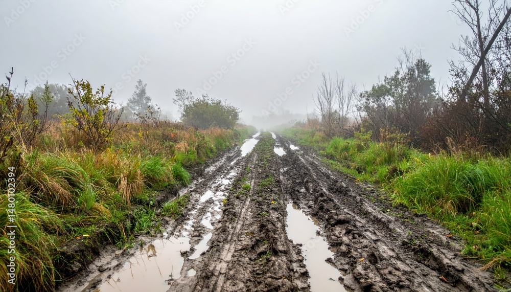 Fototapeta premium Foggy Muddy Pathway Through Wet Landscape in Autumn Season