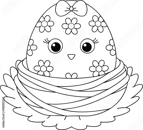 Cute easter chick egg in nest with flowers coloring page illustration