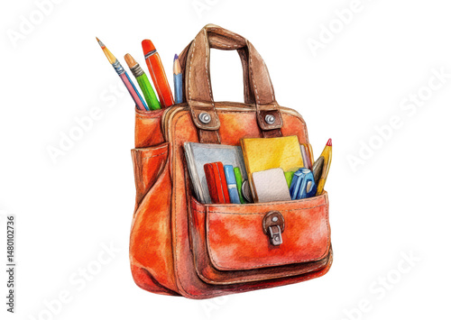 watercolor drawing of a red school bag with pencils and books isolated on white or transparent png