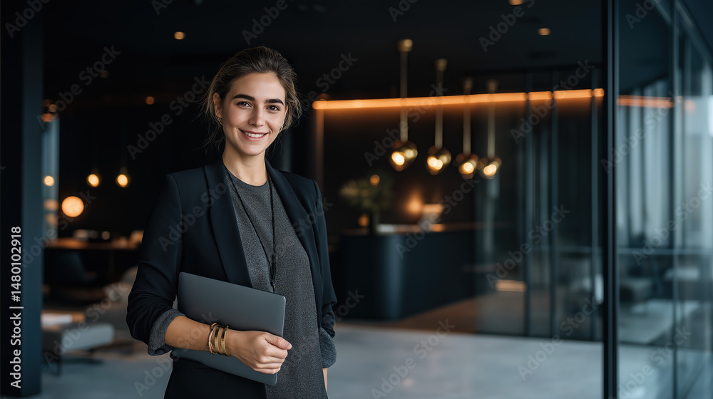 Young Professional Woman in Modern Office Holding Laptop