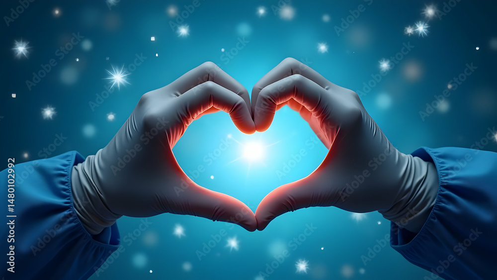Fototapeta premium Medical Professional's Gloved Hands Forming Perfect Heart Shape Against Blue Gradient Background with Floating Particles of Light