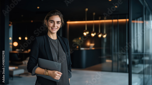 Obraz na płótnie Young Professional Woman in Modern Office Holding Laptop w salonie
