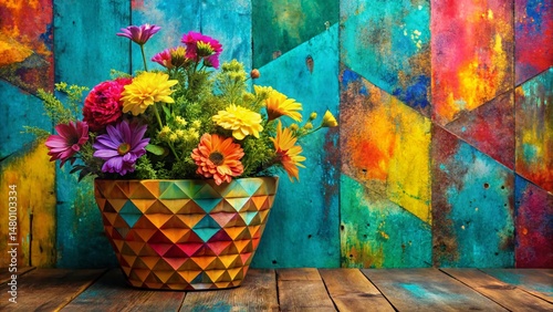 Geometric Flower Basket Spray Paint Texture Design, Left Composition, Copy Space