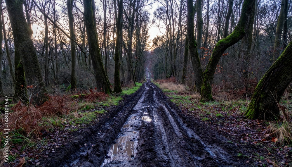 Obraz premium Serene Forest Trail with Muddy Pathway Under Soft Evening Light