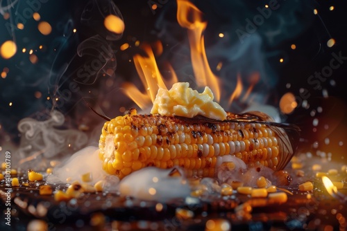 A delicious grilled corn on the cob, golden char marks, melting butter on top, smoky background, rustic outdoor setting, night market atmosphere, warm lighting, street food vibes, high 