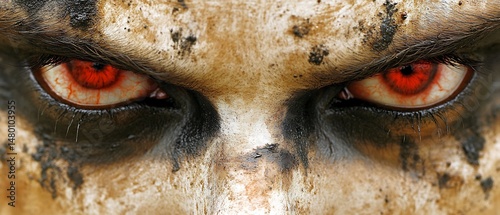 Angry, bloodshot eyes, muddy face