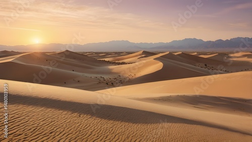 Sunset in the desert with golden dunes